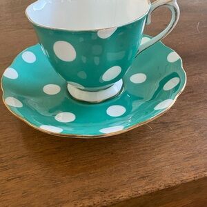 Royal Albert Teacup and Saucer in Teal and Lavender with White Polka Dots.
